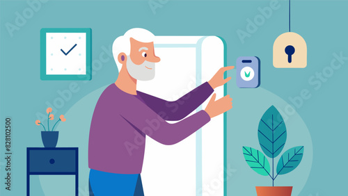 An elderly man installing a new smart thermostat to make his home more energyefficient.. Vector illustration