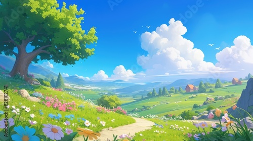 2d illustration depicting a charming spring landscape in a whimsical cartoon style featuring lush green grass vibrant flowers and a clear blue sky in a natural setting