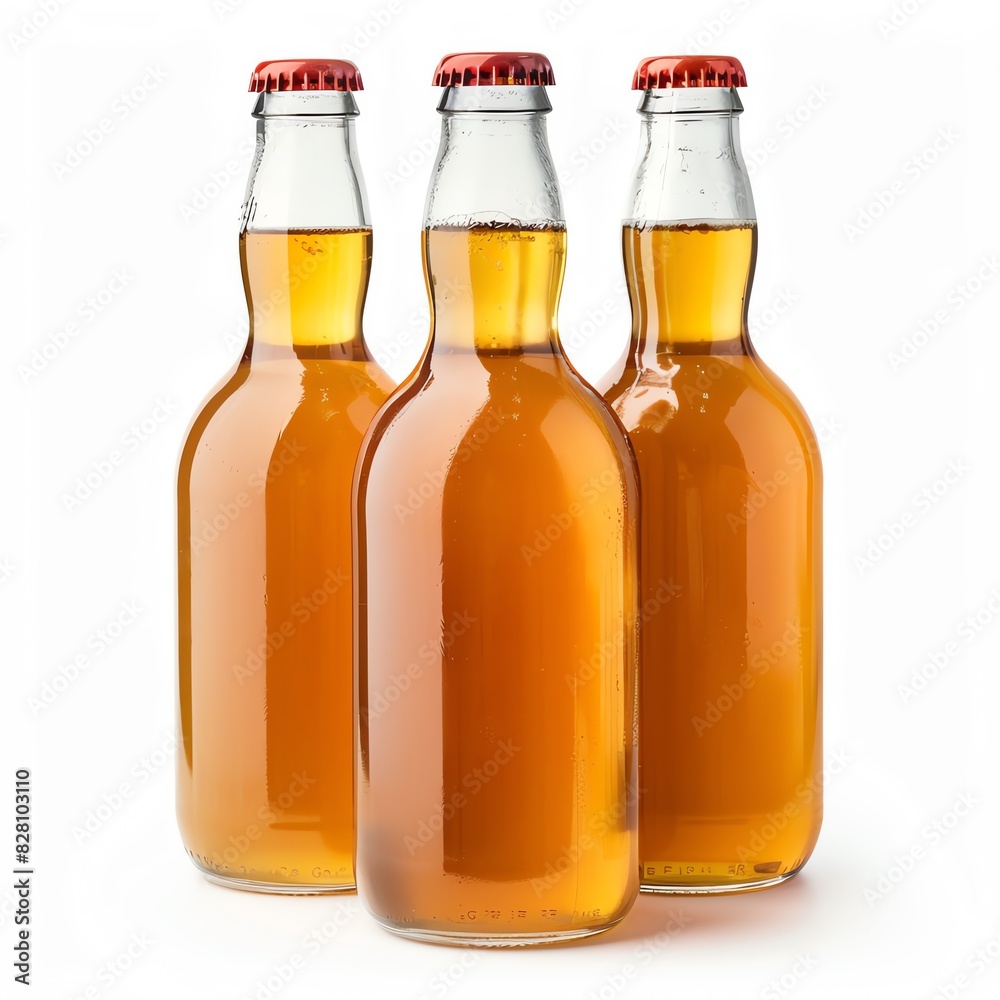 Three amber beer bottles with red caps isolated on white background. Three amber beer bottles with red caps isolated on white background.
