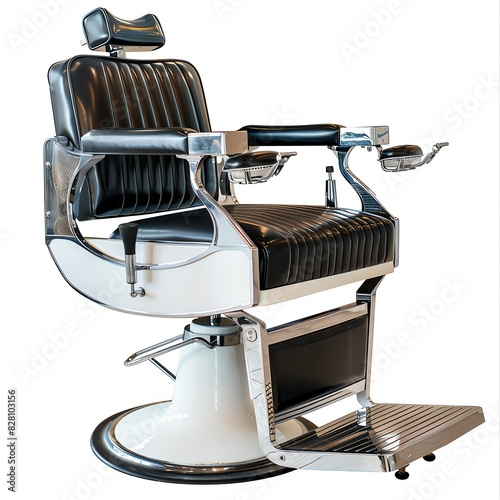 A black and white vintage barber chair with a chrome base.