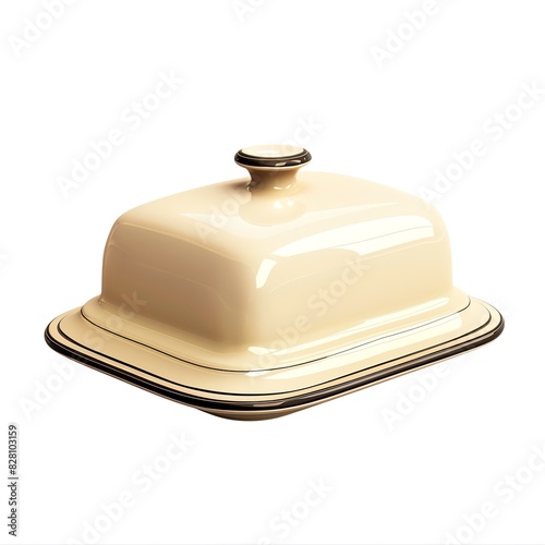 A ceramic butter dish with a lid. The dish is cream-colored with a black rim. The lid has a black knob.
