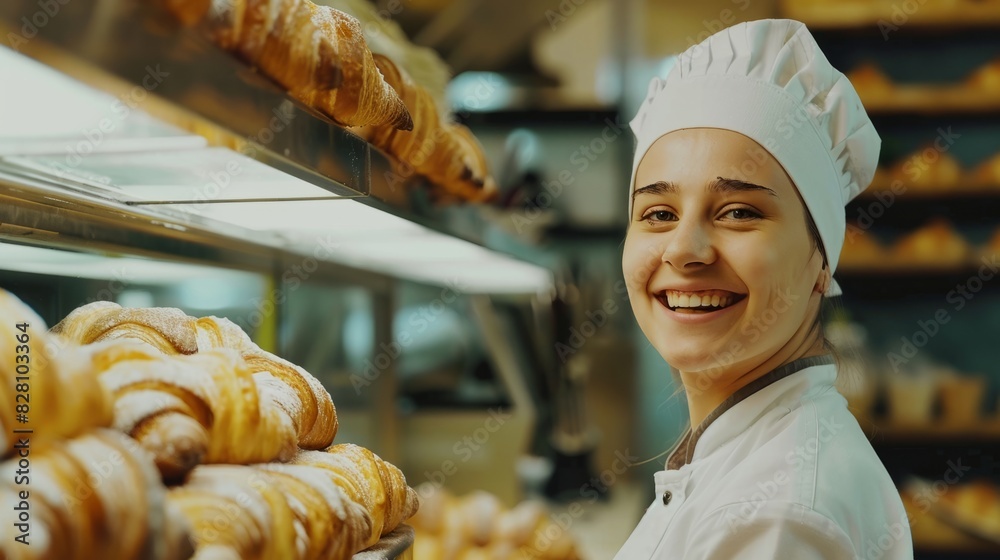 A pretty female baker in uniform was standing behind a table, holding a croissant, smiling at the camera, A pretty female baker in uniform was standing behind a table, holding a croissant, smiling at the camera,