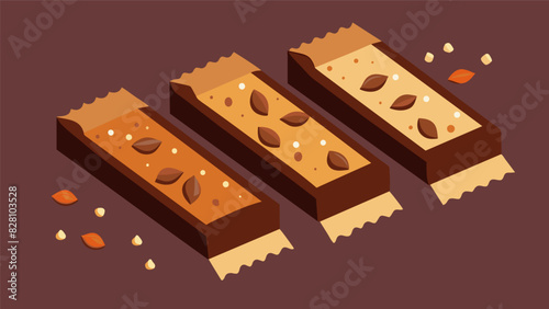 A row of decadent chocolate protein bars infused with rich cocoa peanut butter and crushed almonds.. Vector illustration