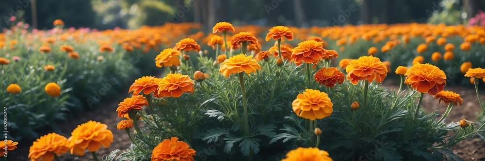 marigold flowers on garden yard background banner marigold flowers on garden yard background banner