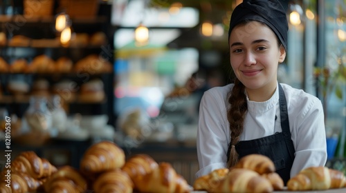 A pretty female baker in uniform was standing behind a table, holding a croissant, smiling at the camera,