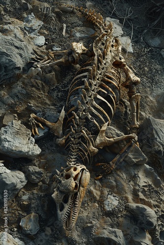 Dinosaur skeleton fossil embedded in rocky terrain  photorealistic  high contrast  ultradetailed  8K resolution