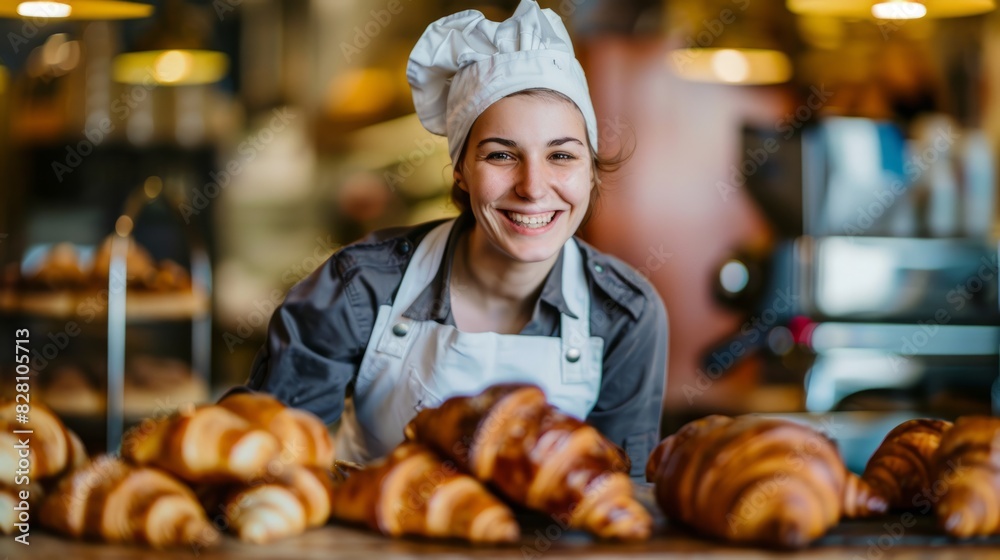 A pretty female baker in uniform was standing behind a table, holding a croissant, smiling at the camera, A pretty female baker in uniform was standing behind a table, holding a croissant, smiling at the camera,