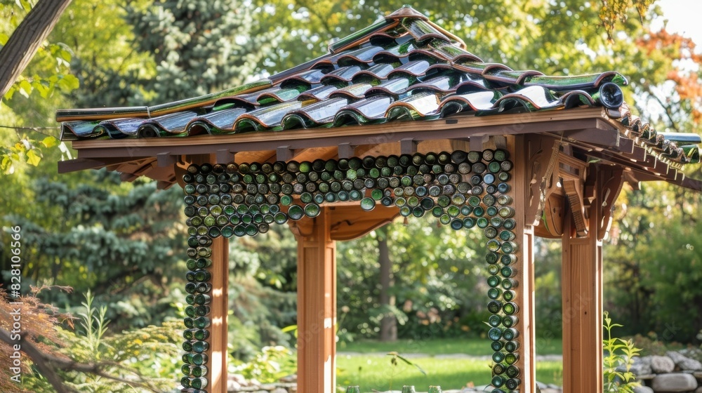 A striking gazebo with a roof made from repurposed glass bottles creating a beautiful and unique architectural feature.