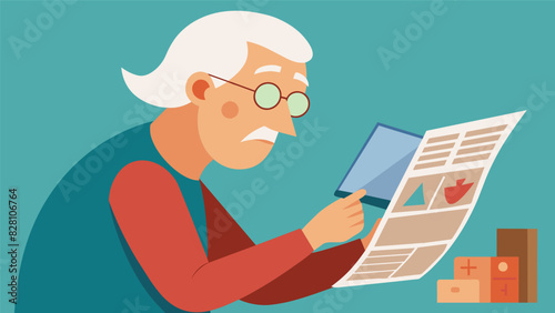 A senior citizen scans old newspaper clippings carefully searching for articles about their family members and their accomplishments throughout the years.. Vector illustration