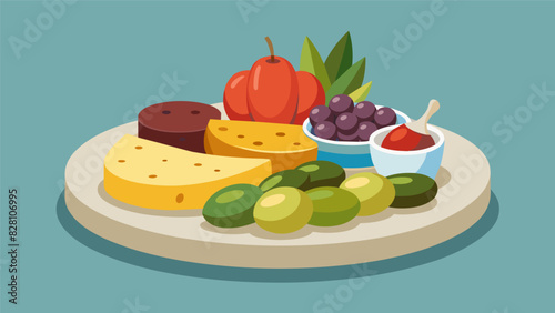 A variety of pickled vegetables olives and cheeses arranged on a rustic ceramic plate.. Vector illustration