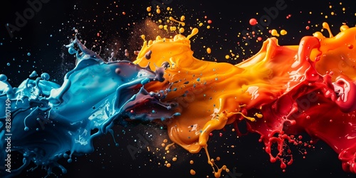 A splash of vibrant colors representing the energy and creativity associated with design, set against a black background. The splashes create an abstract representation of paint or liquid in motion, s