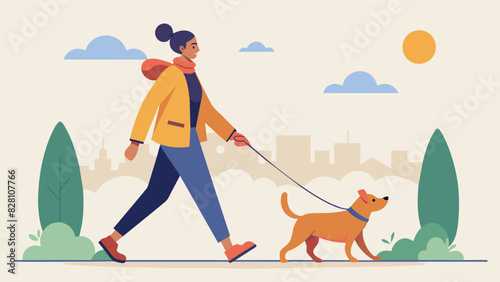 A person walking their dog enjoying the company and being in the present moment instead of rushing through the walk.. Vector illustration photo