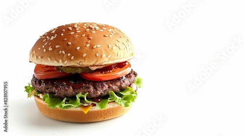 A hamburger with lettuce and tomato on top of a bun on white background