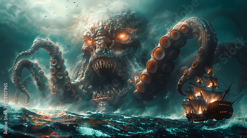 illustration of mythical creature known kraken tentacles of immense size razorsharp teeth power drag ships sailors watery grave depths of the ocean where ancient secrets lie buried beneath the waves photo