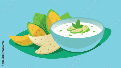 A refreshing and hydrating cucumber and mint yogurt dip served with whole wheat pita chips for a light and nutritious latenight snack.. Vector illustration