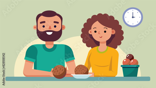 As they eagerly wait for the timer to go off a tired but satisfied couple munches on homemade energy balls proud of themselves for making a healthy. Vector illustration