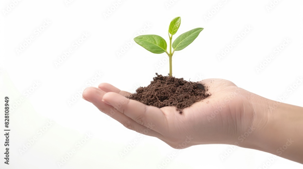 A close-up of a young seedling sprouting from rich, dark soil, with dewdrops glistening on its leaves against a clear white background A close-up of a young seedling sprouting from rich, dark soil, with dewdrops glistening on its leaves against a clear white background