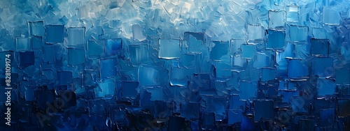 Abstract painting using blocks of blue color to create depth and movement.