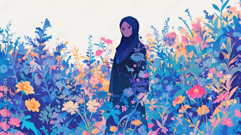 Obraz premium In a captivating 2d illustration a Muslim woman stands gracefully amidst a beautiful flower garden set against a pristine white background