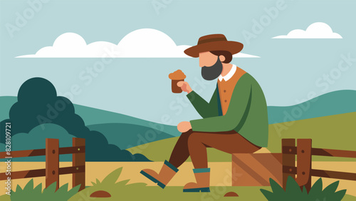 In the quiet of the countryside a solitary peasant sat on a fence post munching on a chunk of bread and sipping on ale from a small gourd relishing. Vector illustration