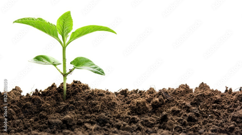 A close-up of a young seedling sprouting from rich, dark soil, with dewdrops glistening on its leaves against a clear white background A close-up of a young seedling sprouting from rich, dark soil, with dewdrops glistening on its leaves against a clear white background