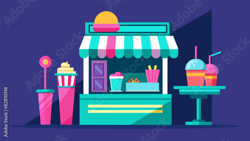A retroinspired stand featuring neon lights and serving up classic summer treats like soft serve ice cream and snow cones.. Vector illustration