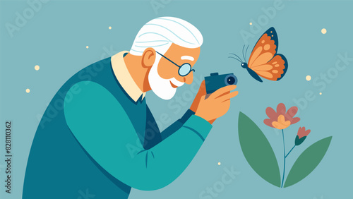 A wiselooking elderly man crouches down carefully adjusting the settings on his camera to capture an upclose shot of a delicate butterfly resting on a blooming flower.. Vector illustration