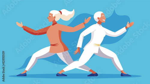 A pair of whitehaired couples mirroring each others movements in perfect synchronicity their bodies seemingly weightless as they move through their Tai Chi routine.. Vector illustration