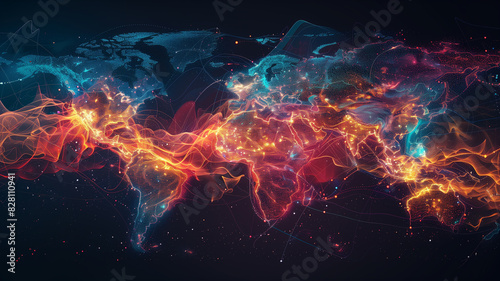 Technology illustration with world map showing connections and networks between countries and continents © Nova Sphere