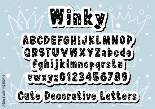 Cute Alphabet and Number with Sparkle Light. Lovely letter design for decoration. Message 'Winky' on top and 'Cute Decorative Letters' at bottom.  Vector Illustration about lettering.