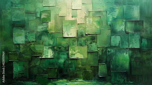 Abstract painting using blocks of green color to create depth and movement.