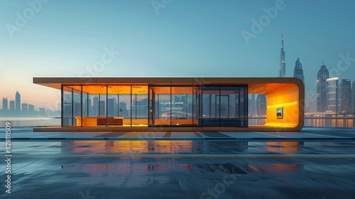 editorial photograph for Metropolis magazine, of a futuristic concrete and glass autonomous bus rapid transport station in Dubai, concrete, glass, black & gold neom accents. minimal, designed by todao