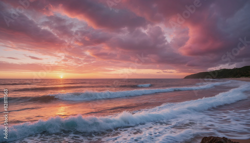 Fototapeta Naklejka Na Ścianę i Meble -  Soft pink sunset on a tropical beach. Small waves wash the sandy beach.