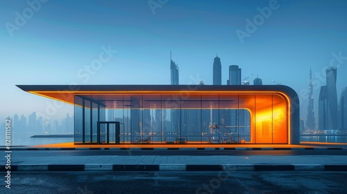 editorial photograph for Metropolis magazine, of a futuristic concrete and glass autonomous bus rapid transport station in Dubai, concrete, glass, black & gold neom accents. minimal, designed by todao © imlane