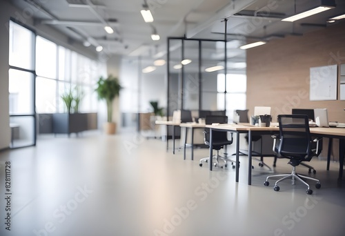 Modern office with desk and window. Blurred background. 