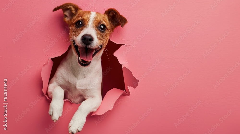 Curious dog peeking out of hole in pink wall with mouth open playful animal in unique setting Curious dog peeking out of hole in pink wall with mouth open playful animal in unique setting