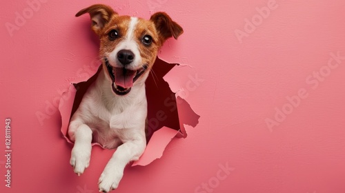 Curious dog peeking out of hole in pink wall with mouth open playful animal in unique setting
