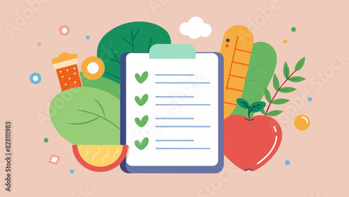 An illustration of a journal with a list of positive affirmations to promote a healthy relationship with food and body image.. Vector illustration
