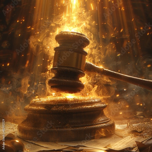 A dramatic scene with a judge's gavel striking, surrounded by sparks and rays of light, symbolizing powerful legal decisions.