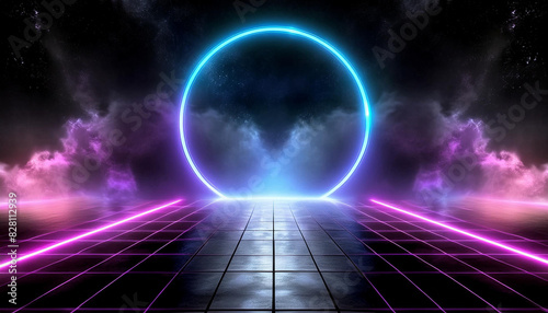 Synthwave vaporwave retrowave cyber background with copy space, laser grid, starry sky, blue and purple glows with smoke and particles with white smoke or fog