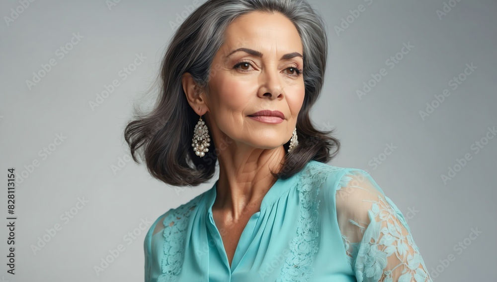 beautiful mature hispanic woman on summer outfit fashion style on plain bright studio background beautiful mature hispanic woman on summer outfit fashion style on plain bright studio background