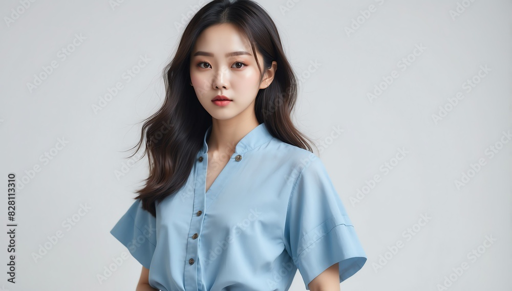beautiful young korean woman on summer outfit fashion style on plain bright studio background beautiful young korean woman on summer outfit fashion style on plain bright studio background