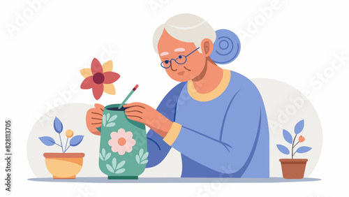 A senior woman painting a delicate flower design onto a ceramic mug her hands steady and skilled as she finds comfort and healing in her craft therapy session.. Vector illustration