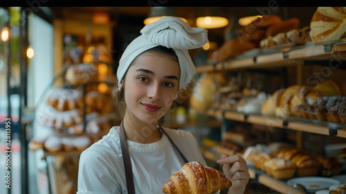 Portraits of young female bakers, white headscarves and aprons holding sweet bread fresh from the oven at a bakery,