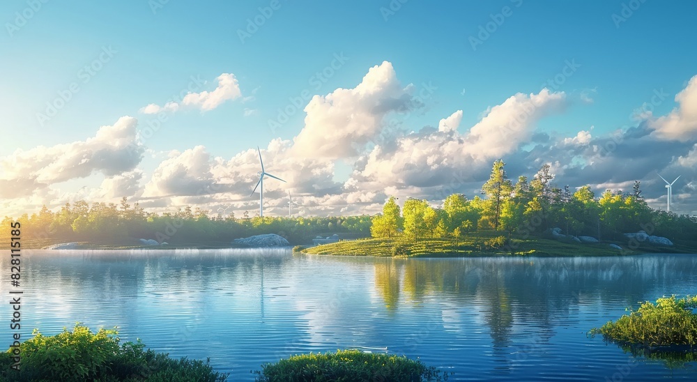 Fototapeta premium https://s.mj.run/tK3pWxdvxn0 Environmental Theme Illustration, Technology, Earth, Nature, Wind Power,Clean sky with few clouds in the background,Light Blue Background,16k,best quality,super details,hi