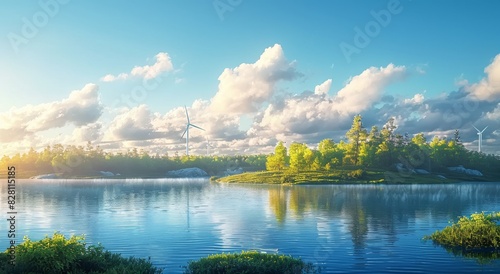 https://s.mj.run/tK3pWxdvxn0 Environmental Theme Illustration, Technology, Earth, Nature, Wind Power,Clean sky with few clouds in the background,Light Blue Background,16k,best quality,super details,hi