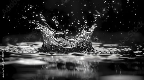 clear water droplets splashing on a smooth black surface