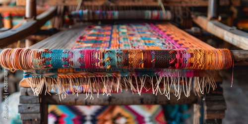A close-up of a weaving machine with colorful threads in red, blue, and yellow