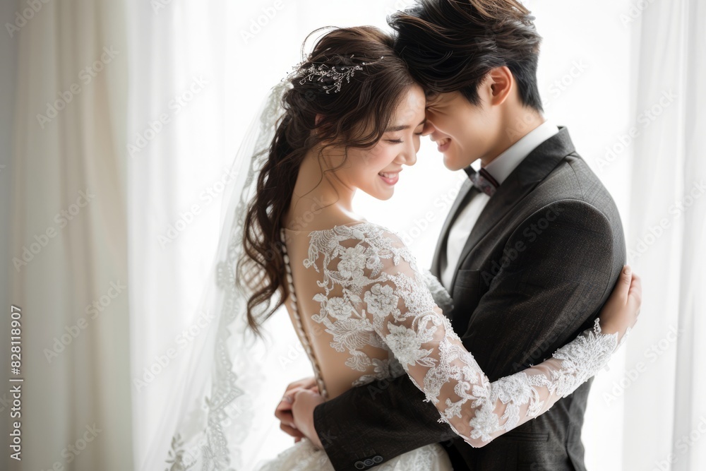 A beautiful couple's wedding dress, the woman standing and hugging the man from behind the woman's head resting on the man's shoulder, the woman's hand covering her face, portrait shot, head in focus, A beautiful couple's wedding dress, the woman standing and hugging the man from behind the woman's head resting on the man's shoulder, the woman's hand covering her face, portrait shot, head in focus,