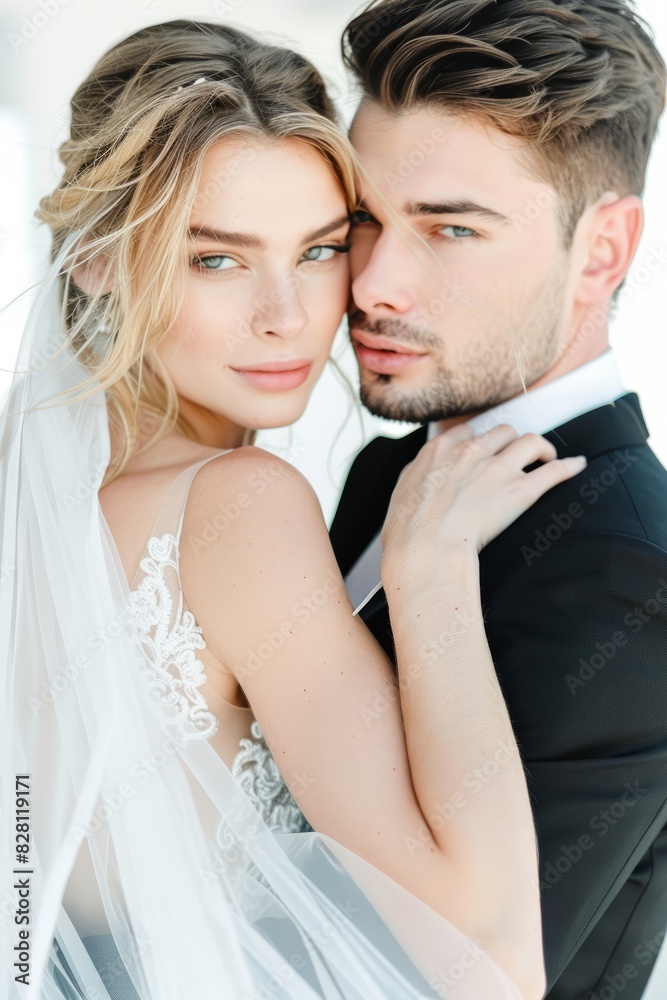 A beautiful couple's wedding dress, the woman standing and hugging the man from behind the woman's head resting on the man's shoulder, the woman's hand covering her face, portrait shot, head in focus, A beautiful couple's wedding dress, the woman standing and hugging the man from behind the woman's head resting on the man's shoulder, the woman's hand covering her face, portrait shot, head in focus,